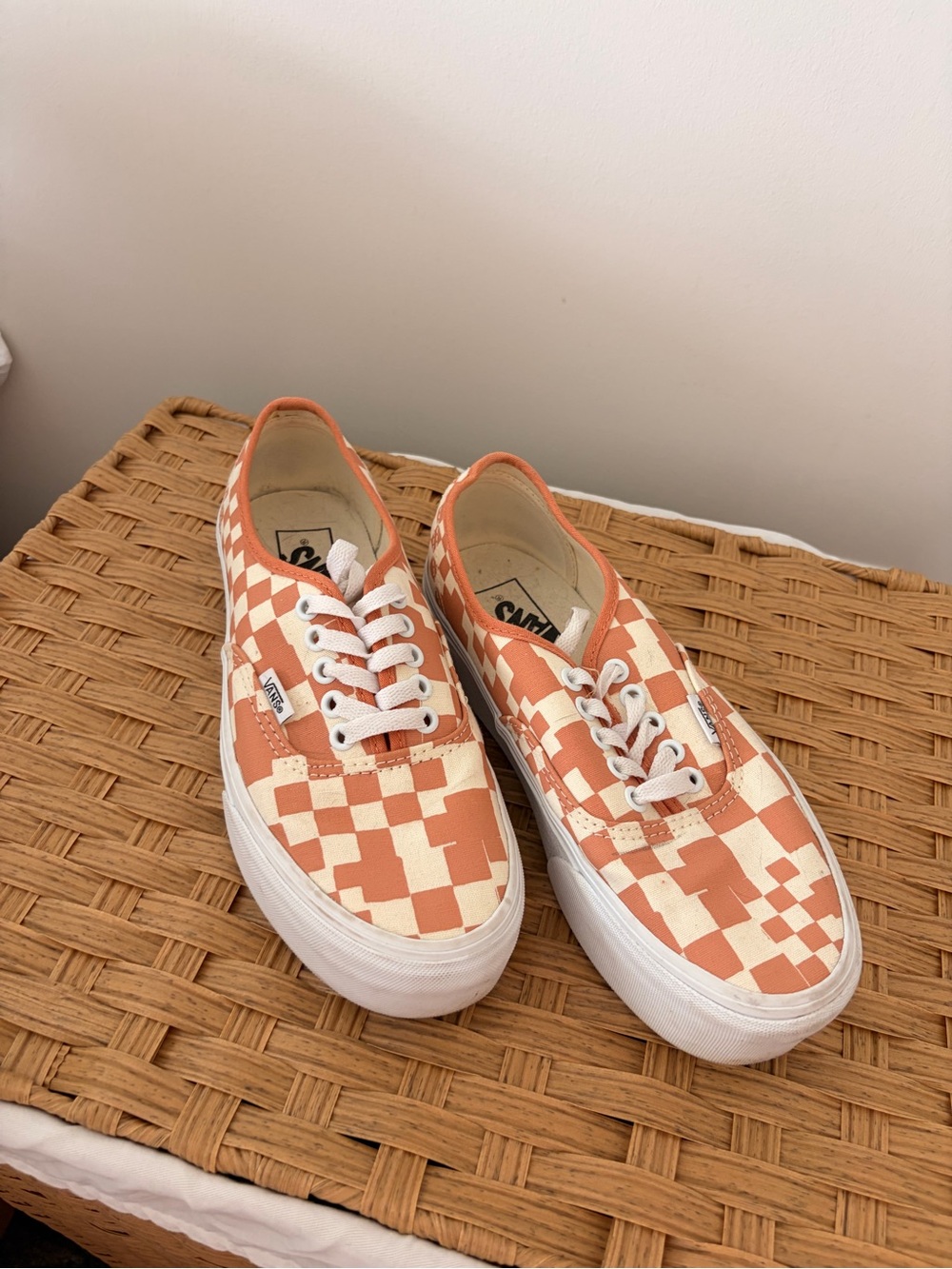 Vans Women’s Sky High Platform Orange and Cream Checkerboard Low-Top Sneakers